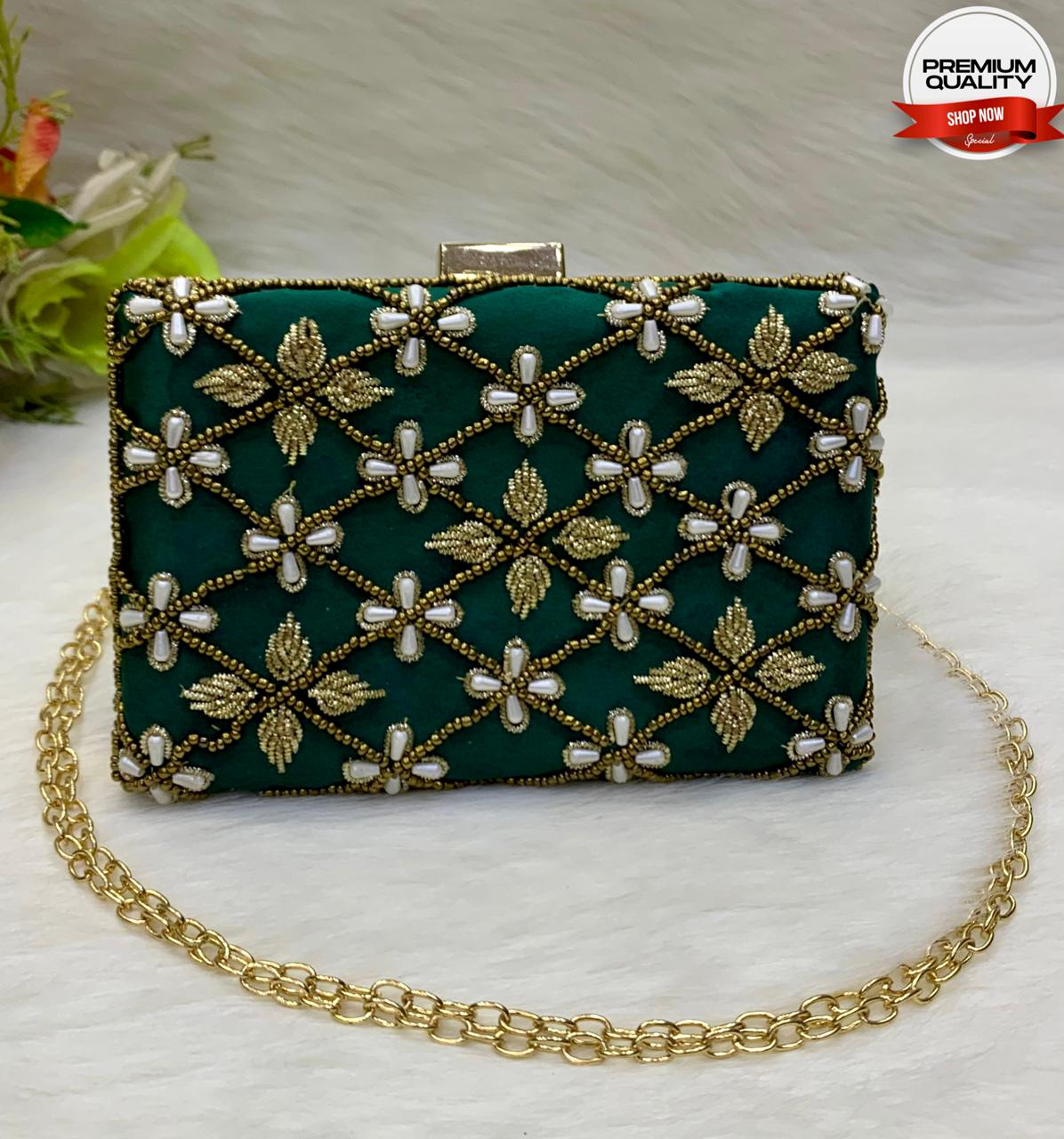 Premium Deep Emerald Green Fancy Clutch Bag